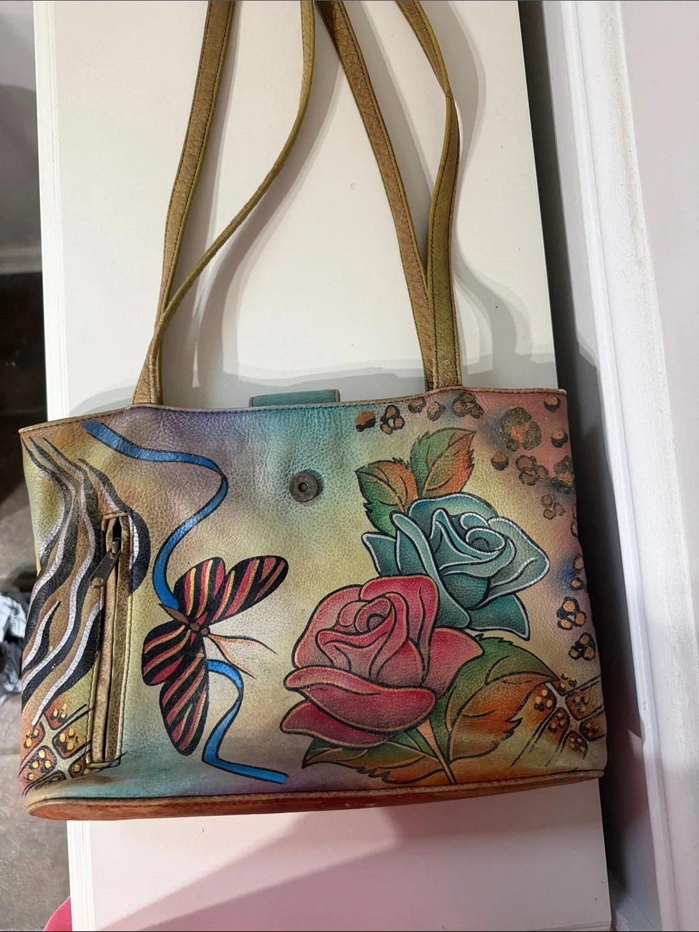 Anna Anuschka Hand-Painted Floral & Butterfly Tote Bag in Multi-Color